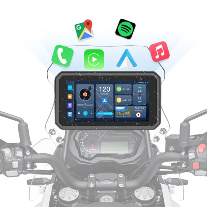 Motorcycle Screen Android 6 Inch Apple CarPlay Car Dvd Player With TP Monitoring IPX8 Waterproof Front and Rear Cameras