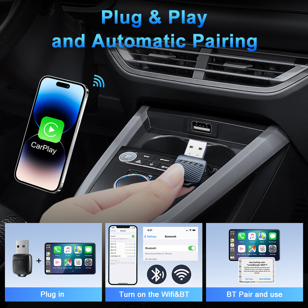 Autommi Factory Wholesale Wireless Carplay Adapter Android Auto Portable 2 in 1 Smart Dongle Plug and Play AI BOX for Cars - Image 3