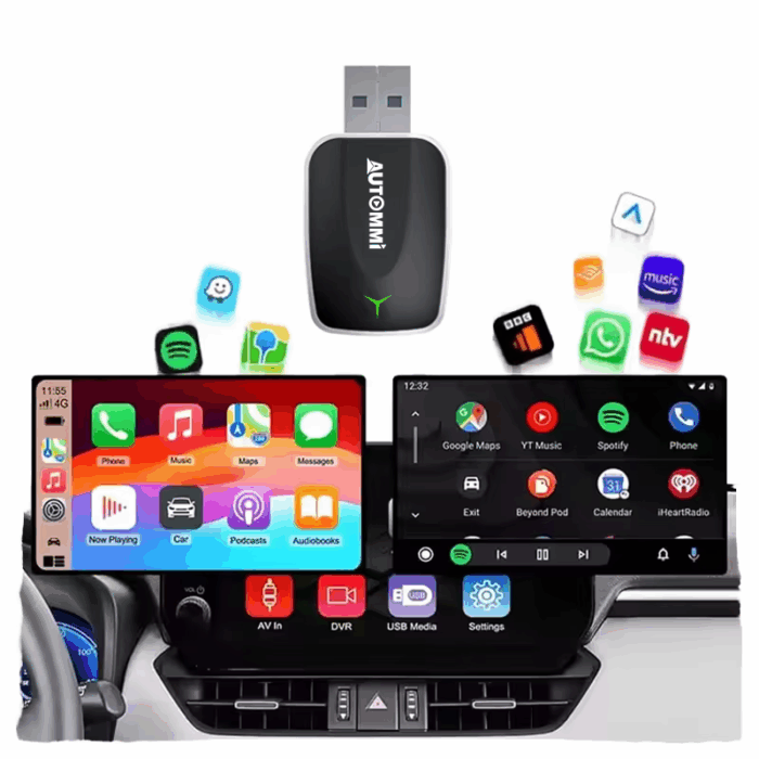 AUTOMMI 2In1 Wireless Dongle Apple CarPlay Android Auto USB Wired to Wireless Adapter for Original Wire CarPlay