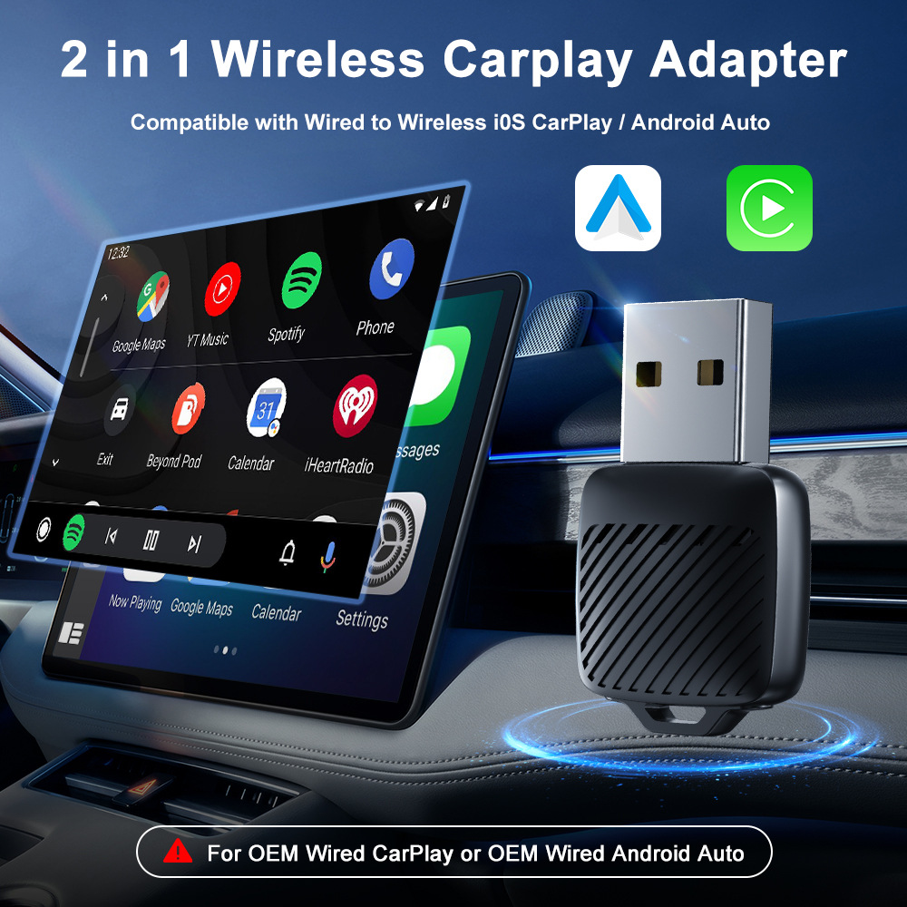 Autommi Factory Wholesale Wireless Carplay Adapter Android Auto Portable 2 in 1 Smart Dongle Plug and Play AI BOX for Cars - Image 5
