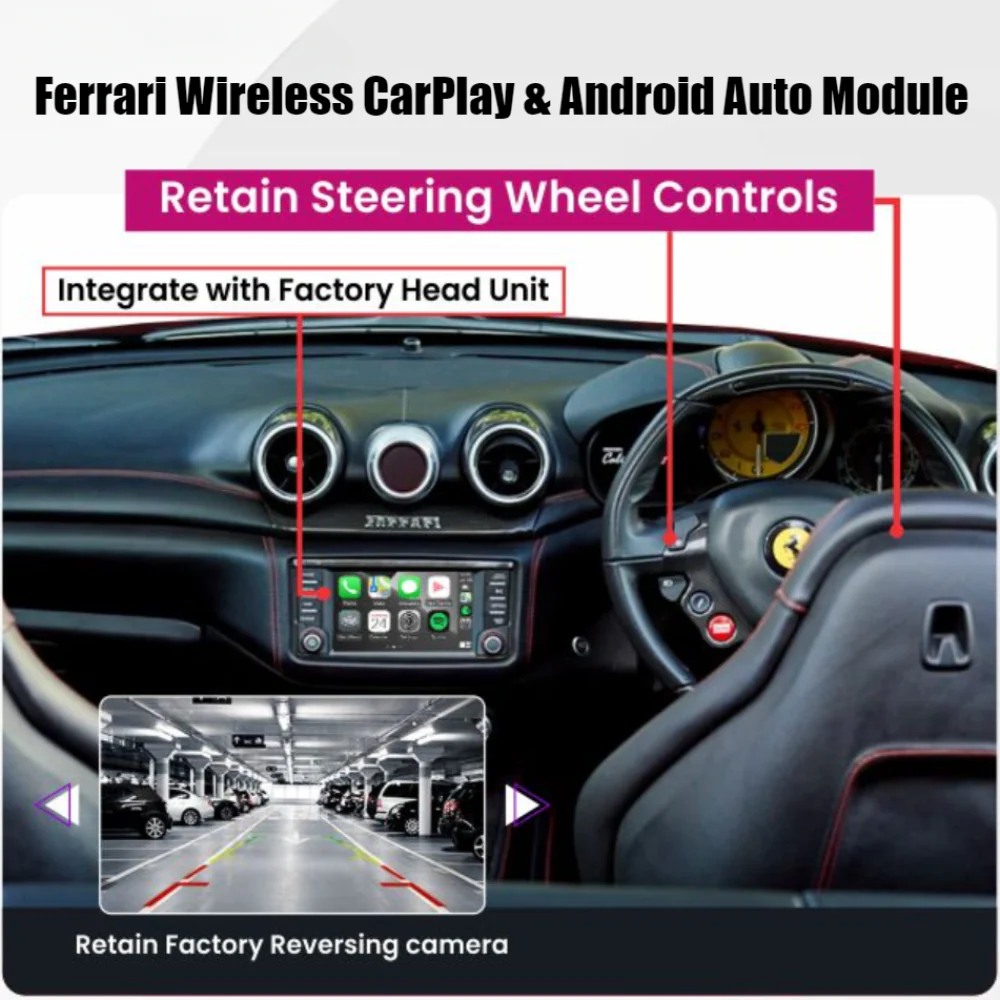 Ferrari 458 (F142) 488 (F142M) F12Berlinetta (F152) F8 (F142MFL) 812 Superfast (F152M) GTC4Lusso (F151M) Portofino (F164) California T (F149M) Roma (F169) SF90 (F173) 2009-2023 FRI Apple Carplay and Android Auto Kit - Image 3