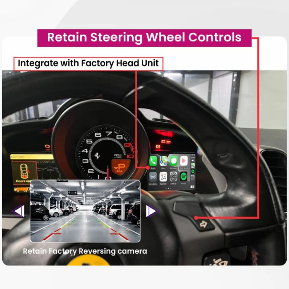 Ferrari 458 (F142) 488 (F142M) F12Berlinetta (F152) F8 (F142MFL) 812 Superfast (F152M) GTC4Lusso (F151M) Portofino (F164) California T (F149M) Roma (F169) SF90 (F173) 2009-2023 FRI Apple Carplay and Android Auto Kit - Image 4
